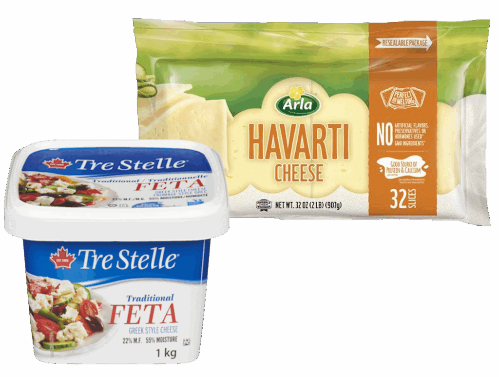 Arla Havarti and Feta cheese packaging – products benefiting from Letico’s LT³ portion control software that reduces waste and improves financial performance for ADL-Arla.